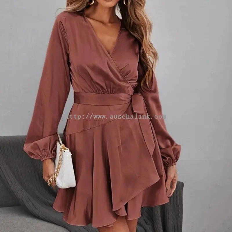 Elegant Brown Satin Ruffle Waistband Dress (3)