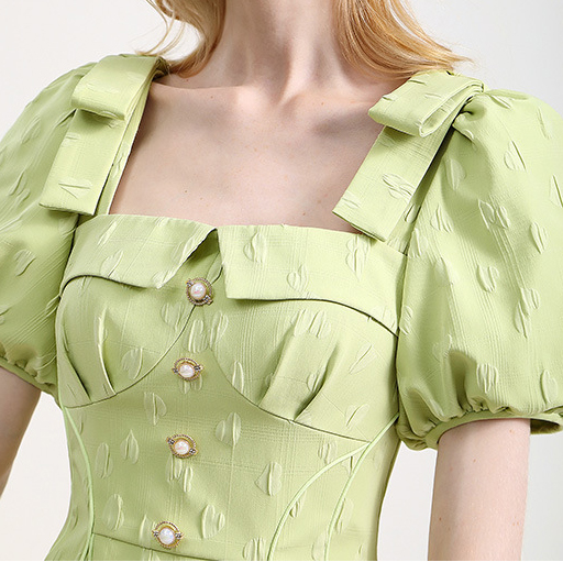 Elegant Green Puff Sleeve Jacquard Dress (2)