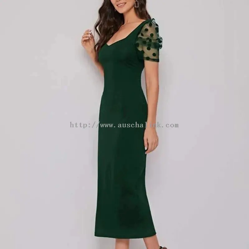 Елегантна зелена обична хаљина миди са квадратним изрезом (4)