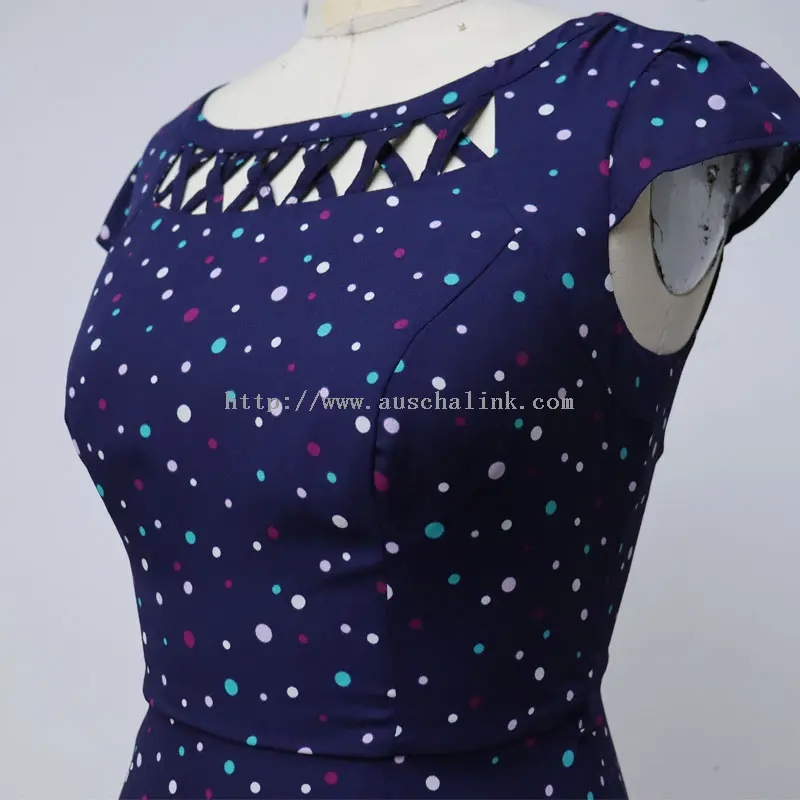 Elegant Navy Polka Dot Print Cut Out Dress (2)