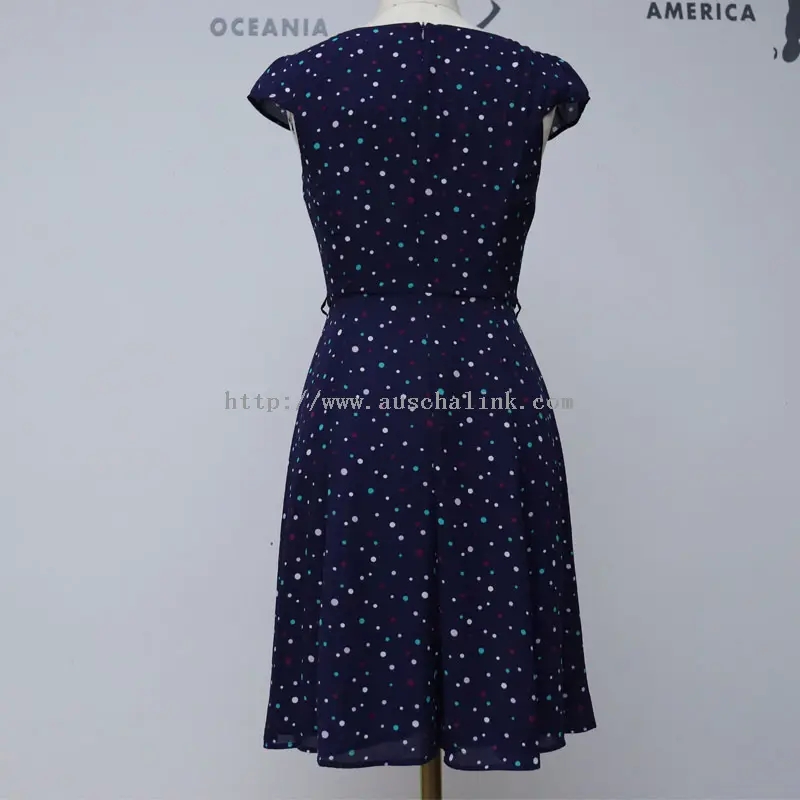 Elegant Navy Polka Dot Print Cut Out Dress (3)