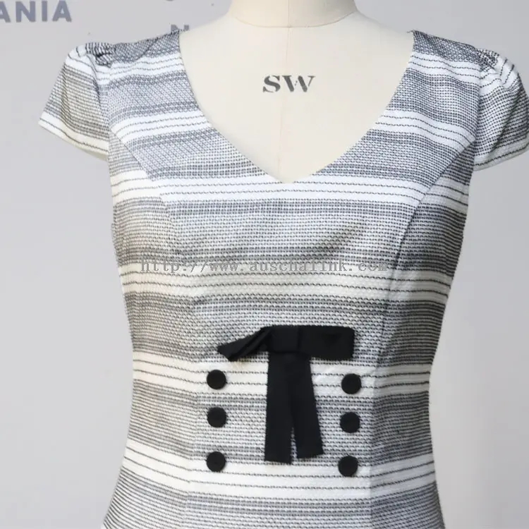 Elegant Short Sleeve Mini Dress With Grey Striped Bow (1)