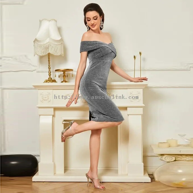 Elegant Silver Grey Sequin Strapless Cocktail Evening Dress (4)