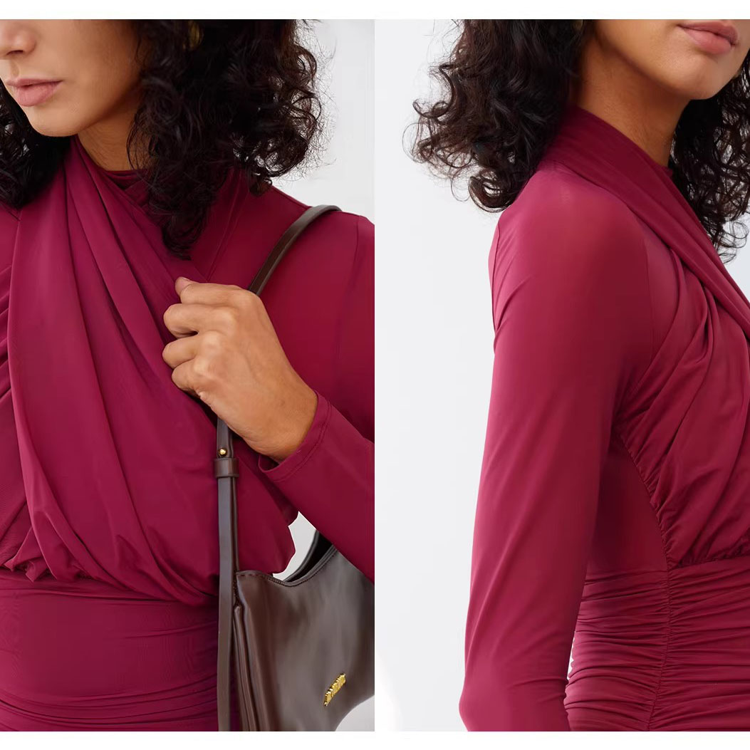 Elegant Waist Cinched Pleated Midi Dress