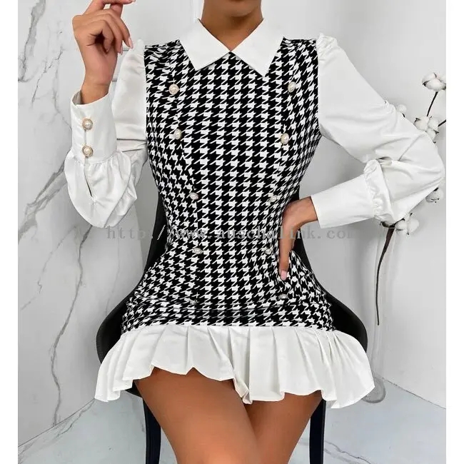 Elegant White Chiffon Check Print Patchwork Dress (1)