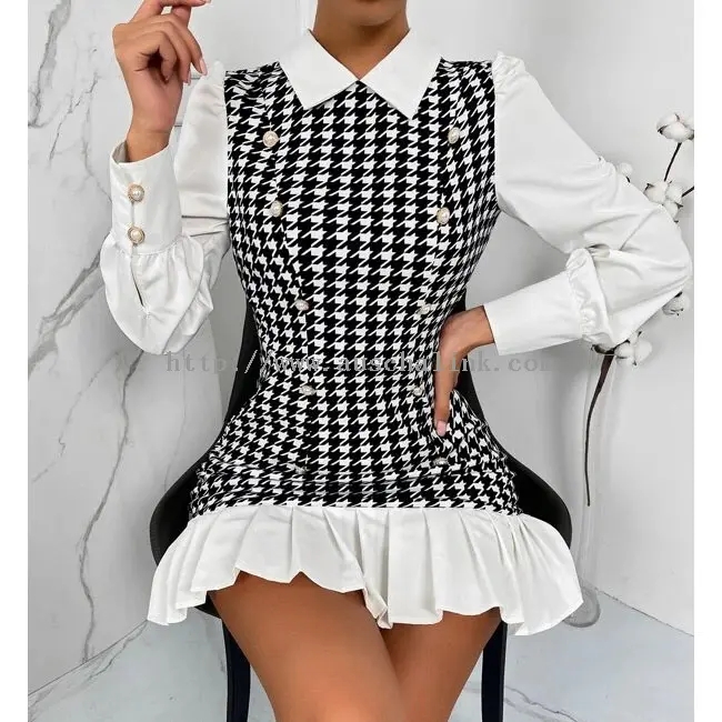 I-Elegant White Chiffon Check Print Patchwork Dress (1)