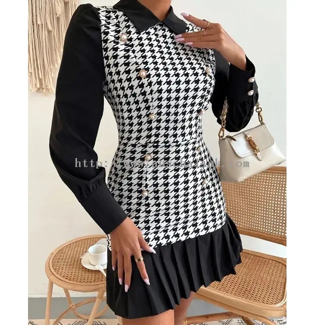 Elegant White Chiffon Check Print Patchwork Dress (3)