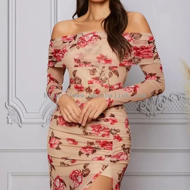 Floral Print Mesh Slit Strapless Maxi Bodycon Dress (1)
