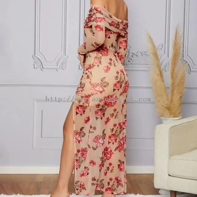 Макси обична хаљина са мрежицом са цвјетним принтом без нараменица (3)
