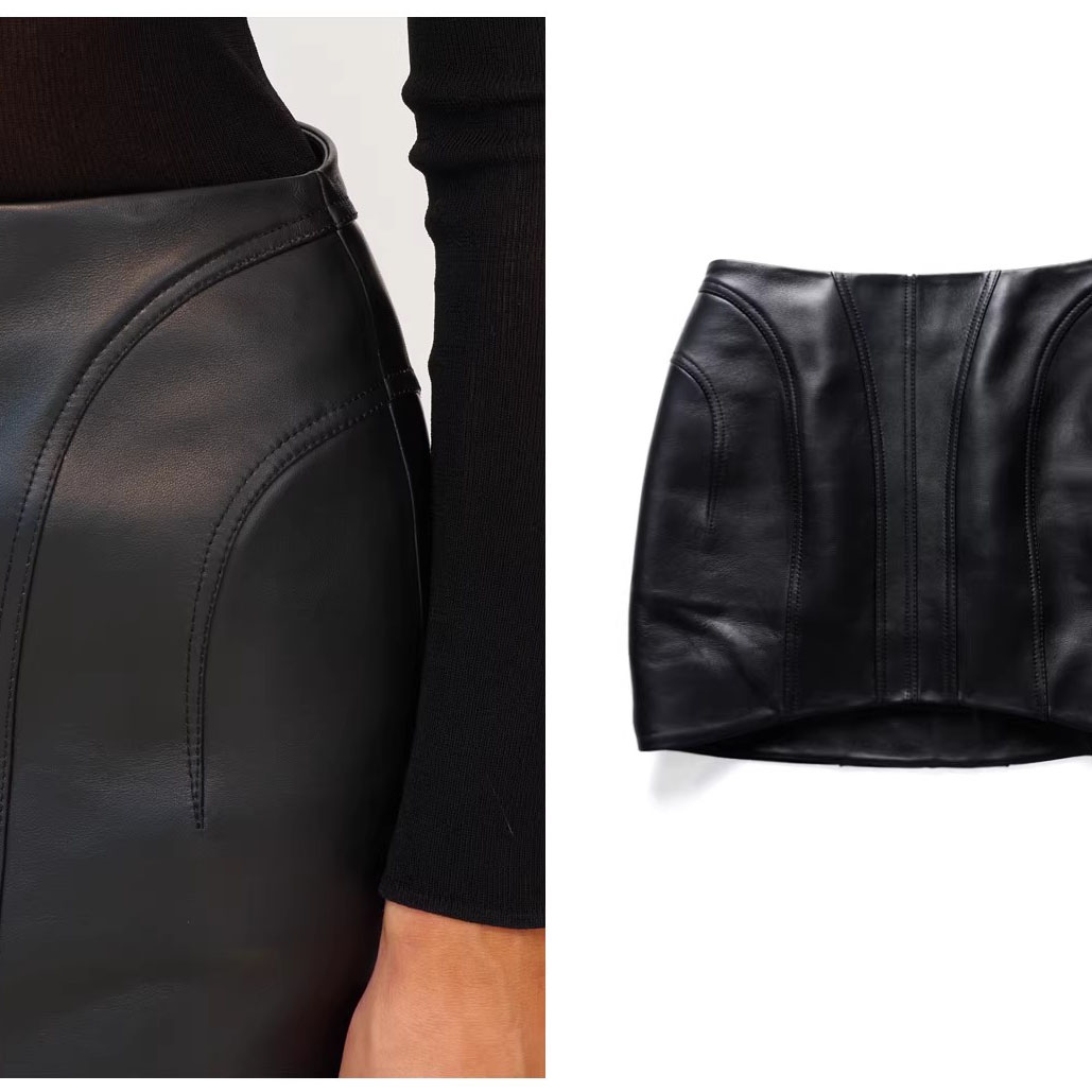 Genuine Leather Spliced High Waist Skirt (6)