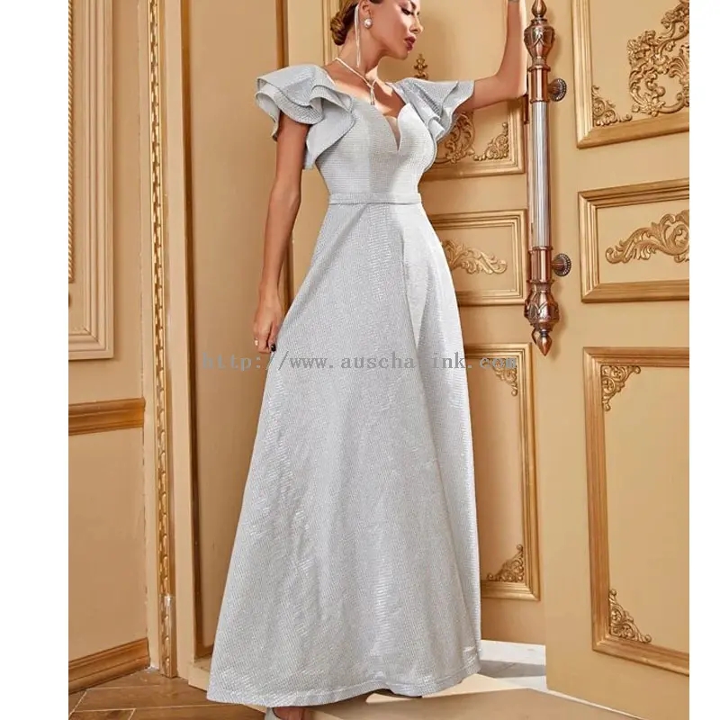 Grey Plaid Bubble Sleeve Maxi Pleated Dress (1)