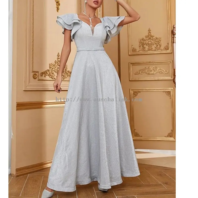 Grey Plaid Bubble Sleeve Maxi Pleated Dress (3)