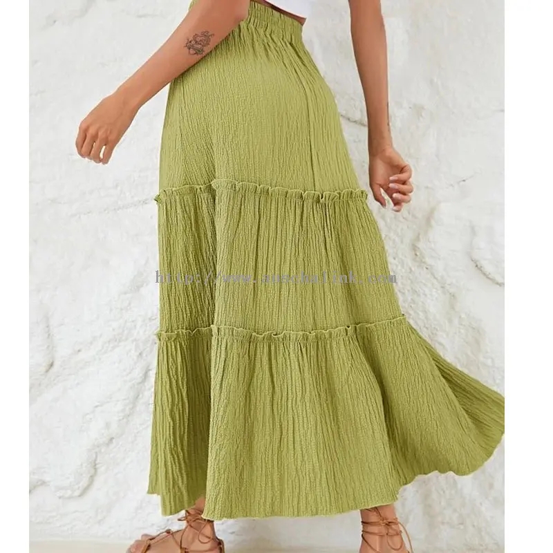 Green Chiffon Pleated Cake Midi Skirt (1)