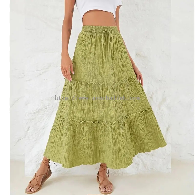 Grænt chiffon pleated kaka midi pils (2)