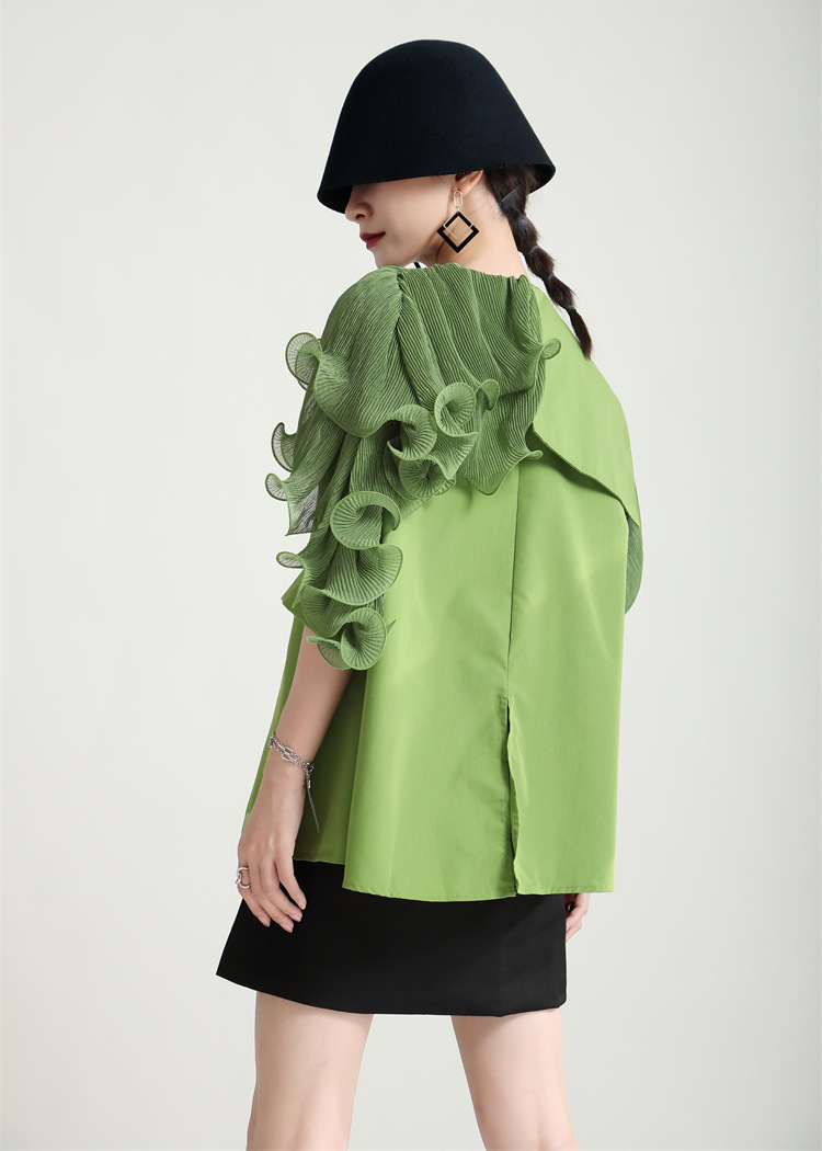 Green Lapel Ruffle Loose Shirt With Belt Top (10)