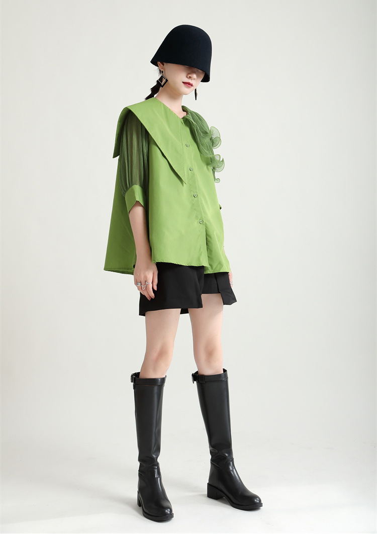 Green Lapel Ruffle Loose Shirt With Belt Top (8)