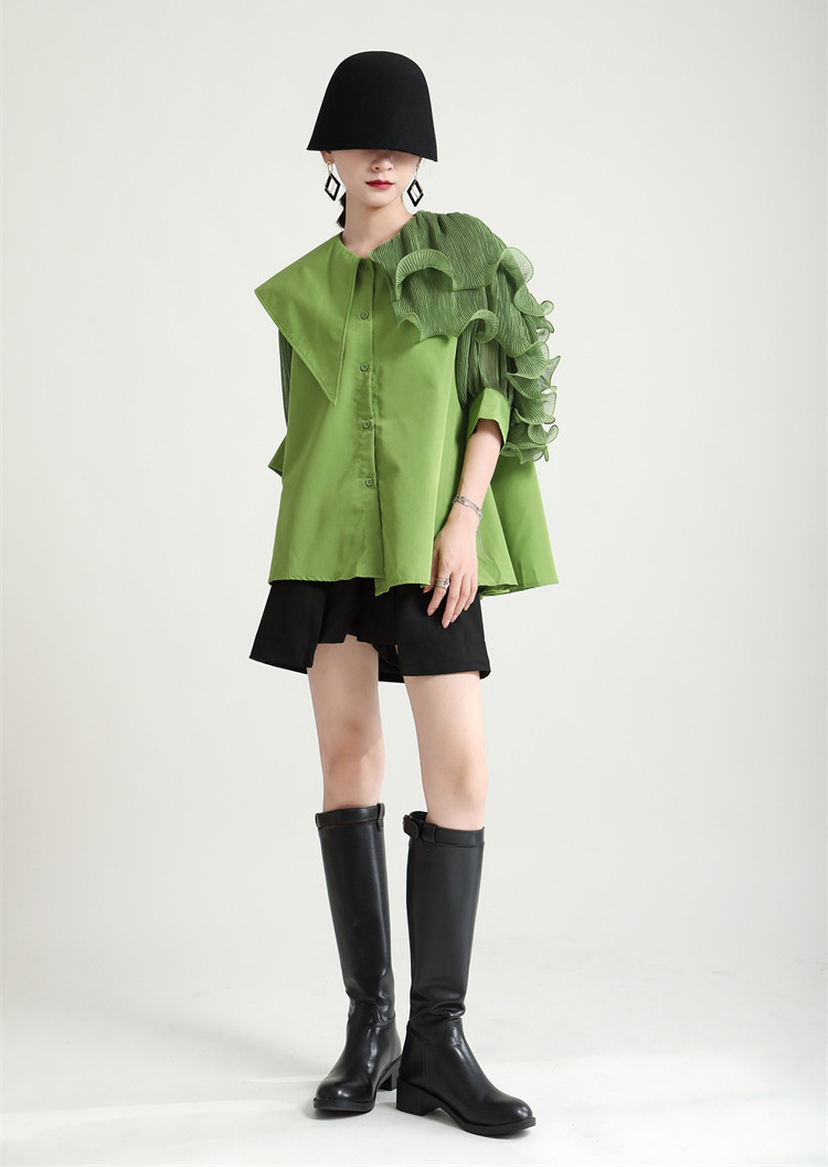 Green Lapel Ruffle Loose Shirt With Belt Top (9)