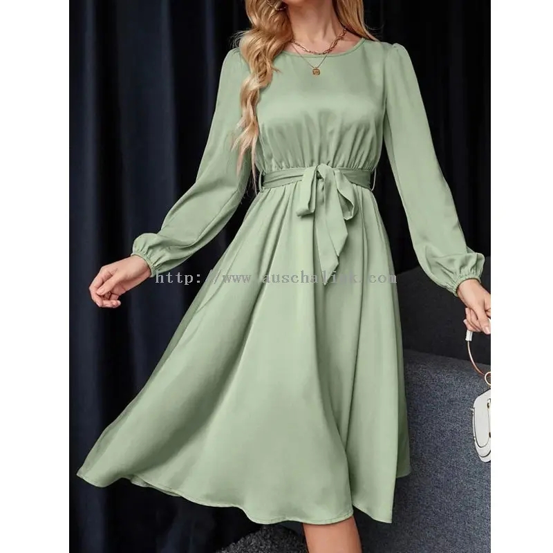 Green Round Neck Chiffon Satin Simple Casual Midi Dress (1)