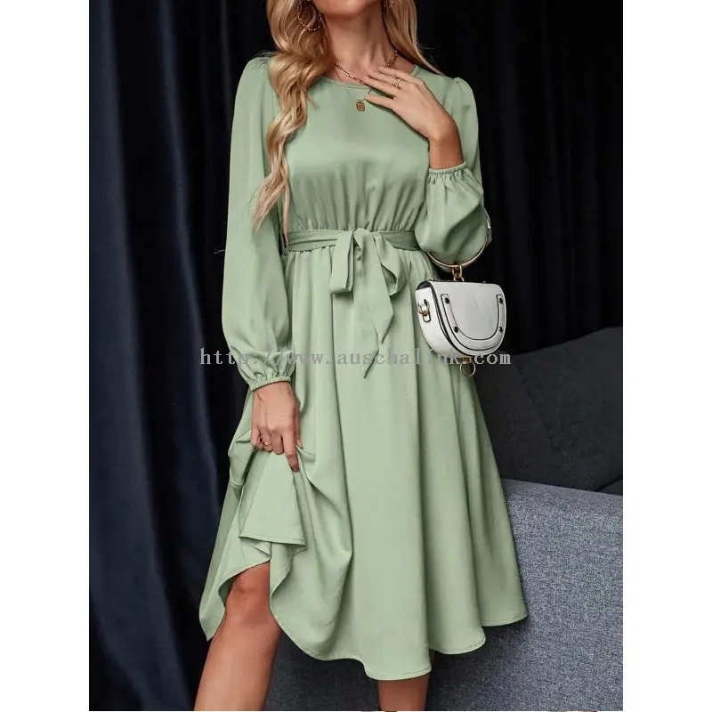 Green Round Neck Chiffon Satin Simple Casual Midi Dress (4)