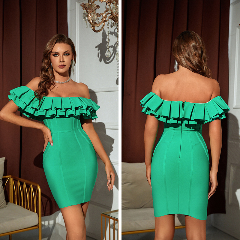 Green Ruffle One Shoulder Hip Dress Birthday Party Elegant Dress (6)