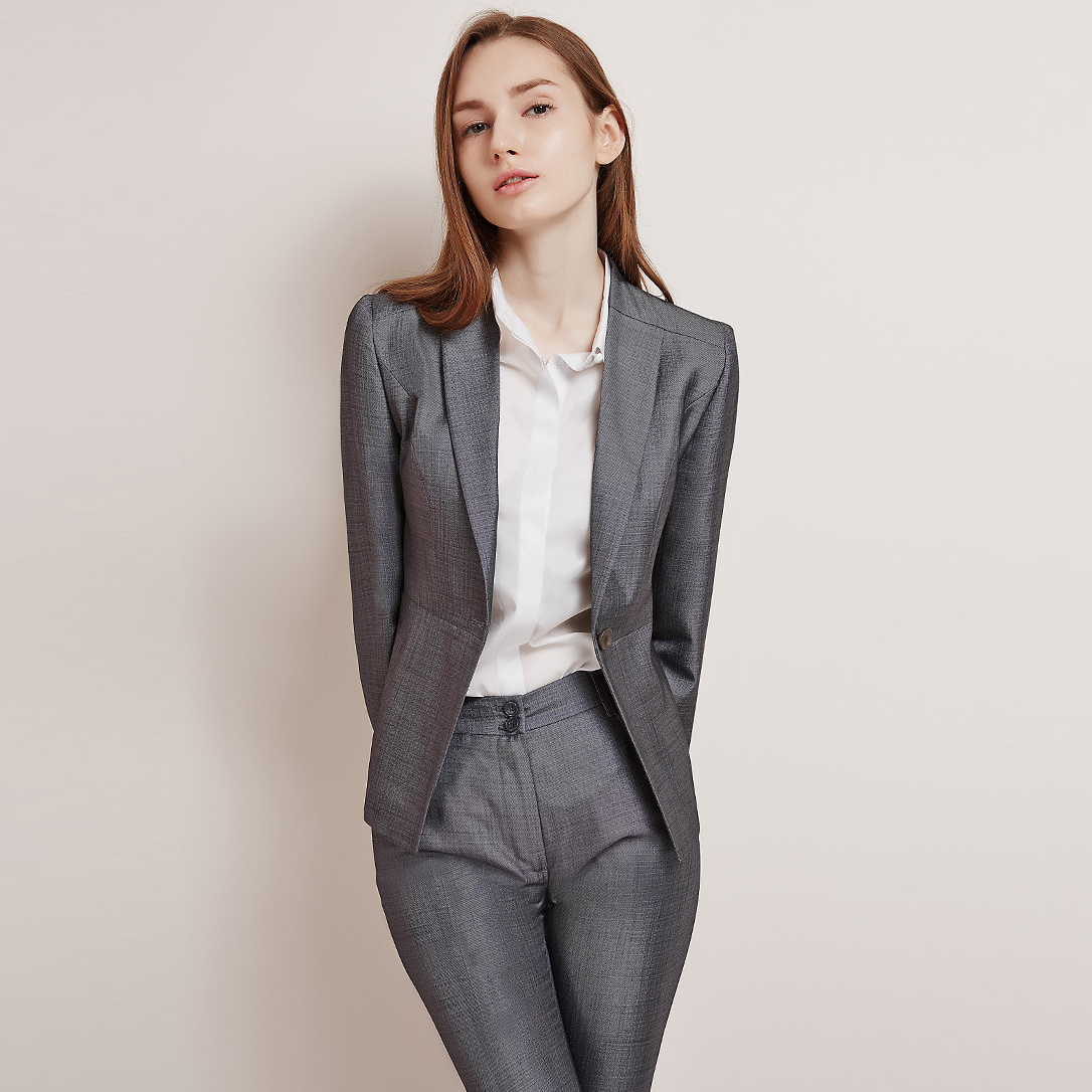 Grey Career Blazer Suit Trousers Casual Office 2 Piece Suit (6)
