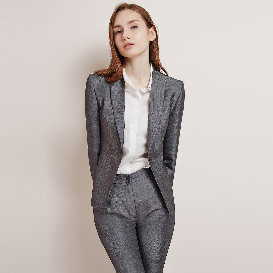 Áo sơ mi blazer màu xám Career Quần tây Bộ đồ công sở thông thường 2 mảnh (6)