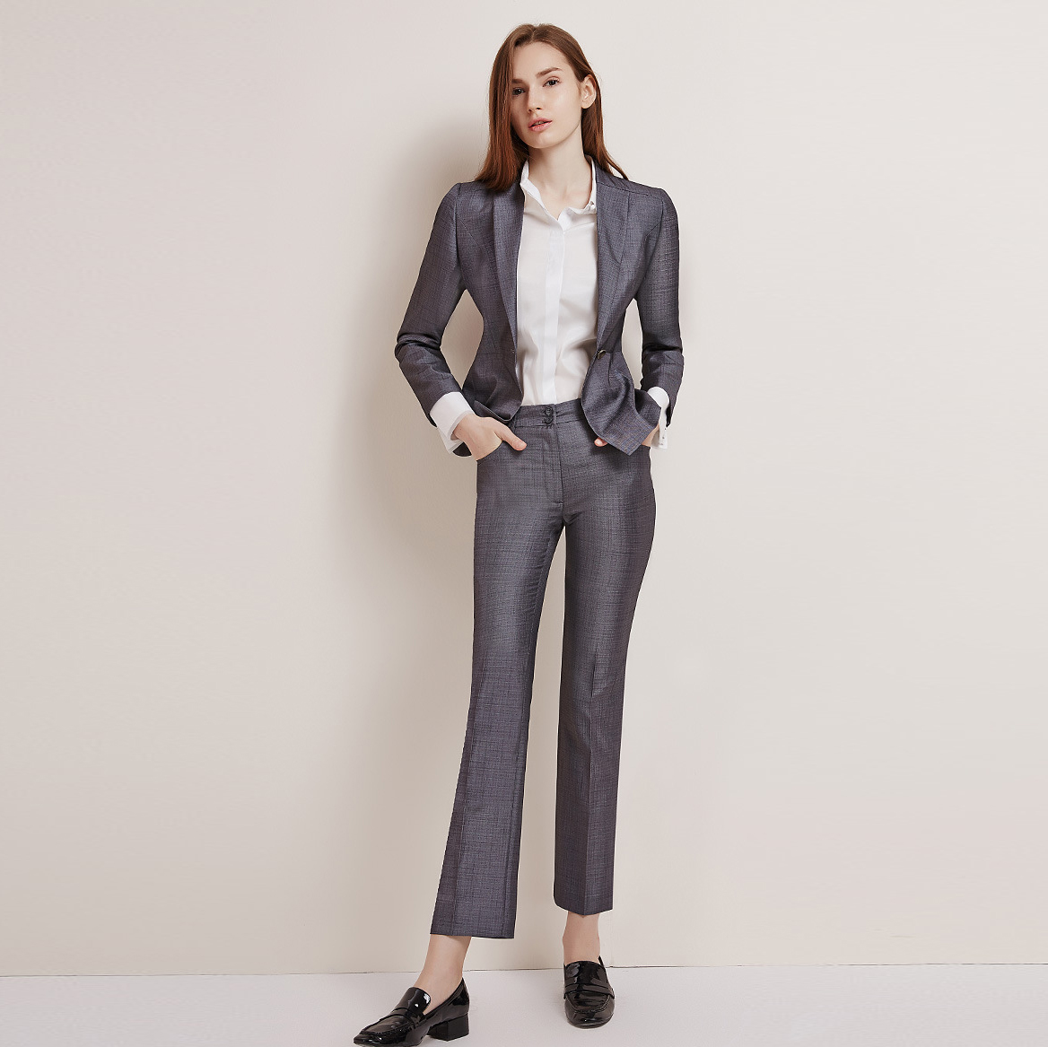 Pantalón de traxe blazer gris de carreira Traxe de oficina informal de 2 pezas (7)