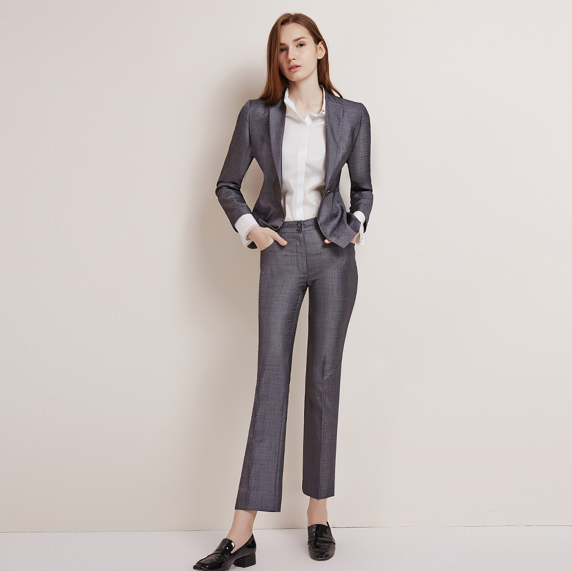 Grey Career Blazer Suit uwe ogologo ọkpa Casual Office 2 Piece Suit (7)