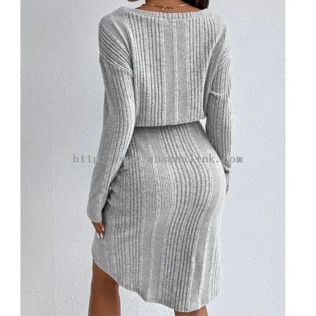 Gray Knitted Pleated Waistband Casual Dress Winter (1)