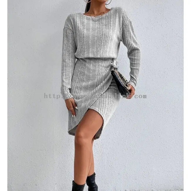 Grey Knitted Pleated Waistband Casual Dress Winter (2)