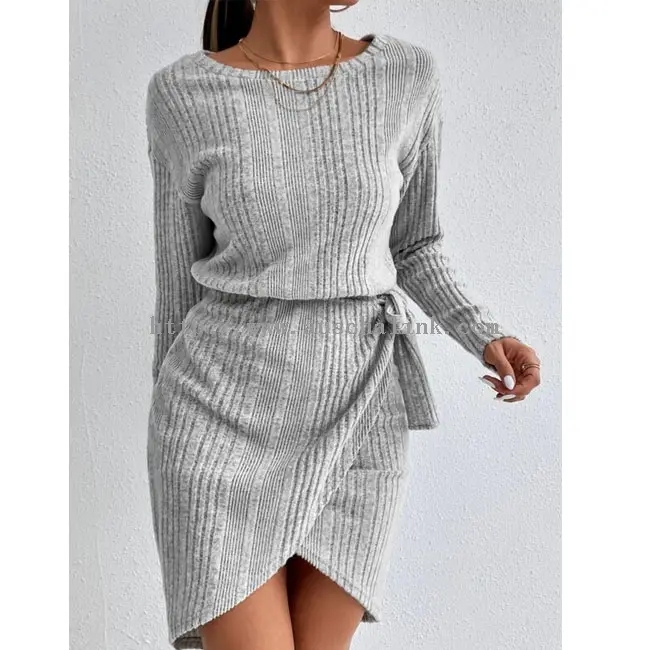 Grey Knitted Pleated Waistband Casual Dress Winter (3)