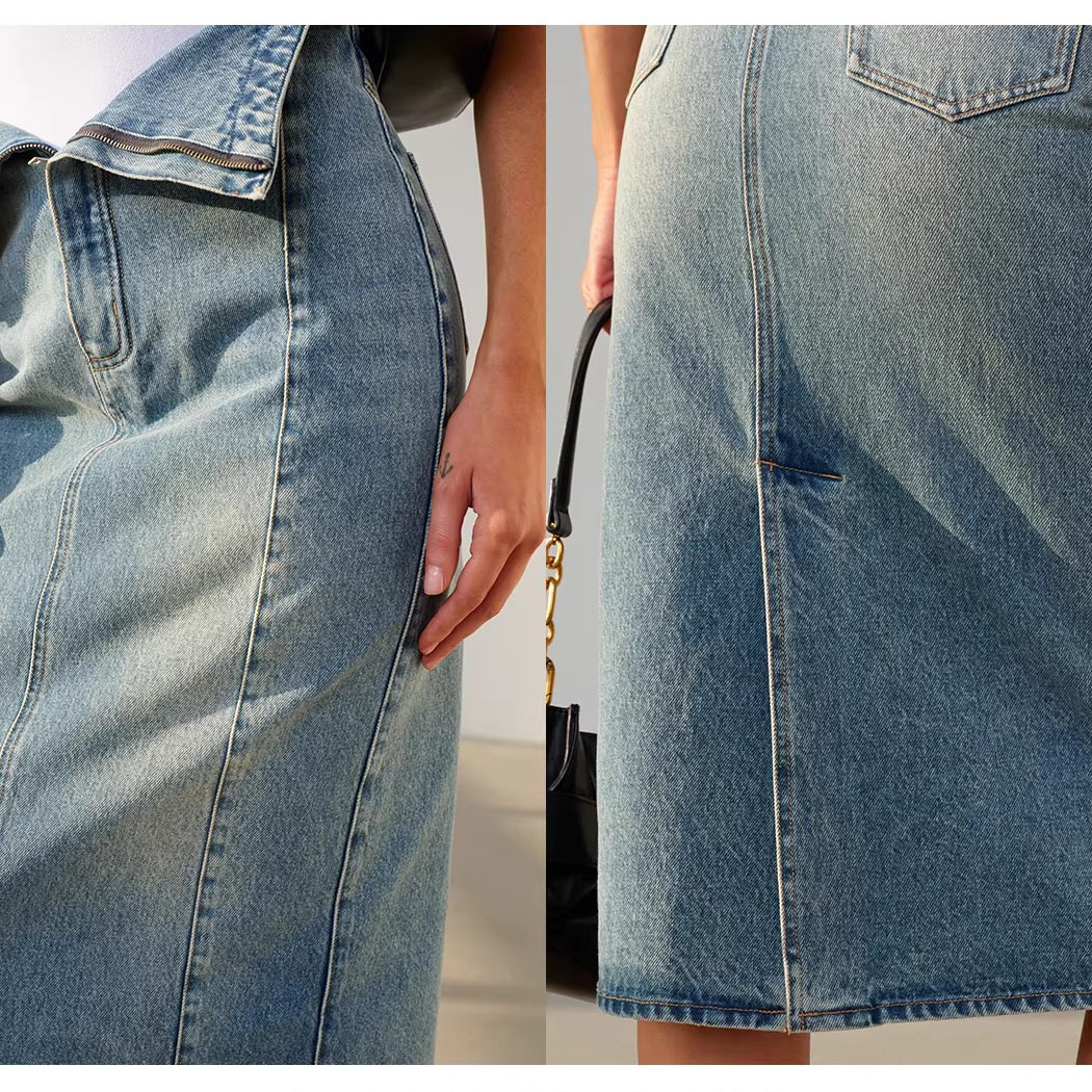 High Waist Spliced Denim Midi Skirt (1)