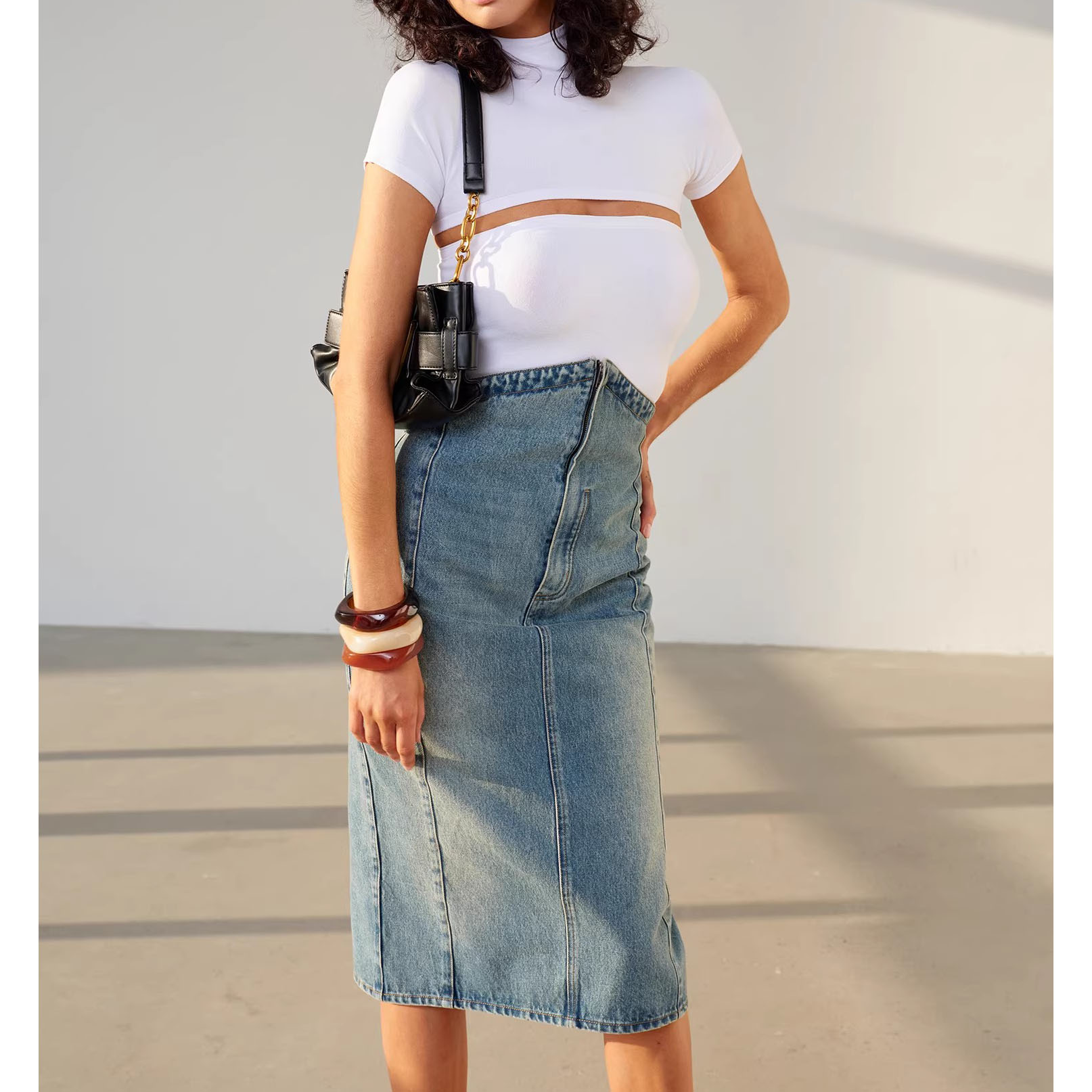 High Waist Spliced Denim Midi Skirt (3)