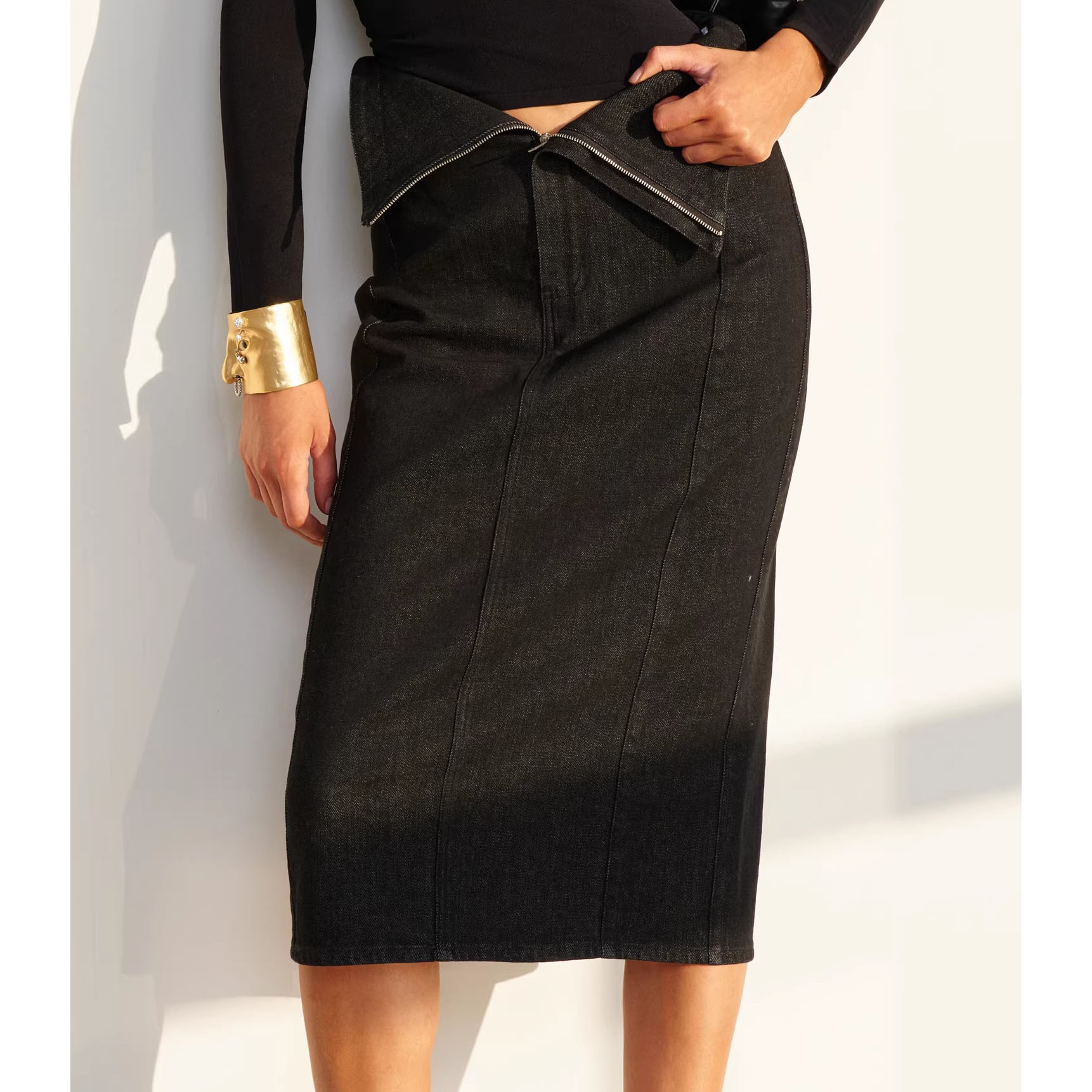 High Waist Spliced Denim Midi Skirt (4)