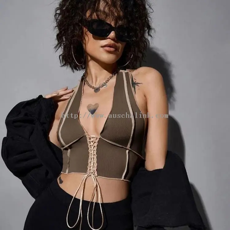 Khaki Knit Cut-Out Sexy V-Neck Plunging Top (1)