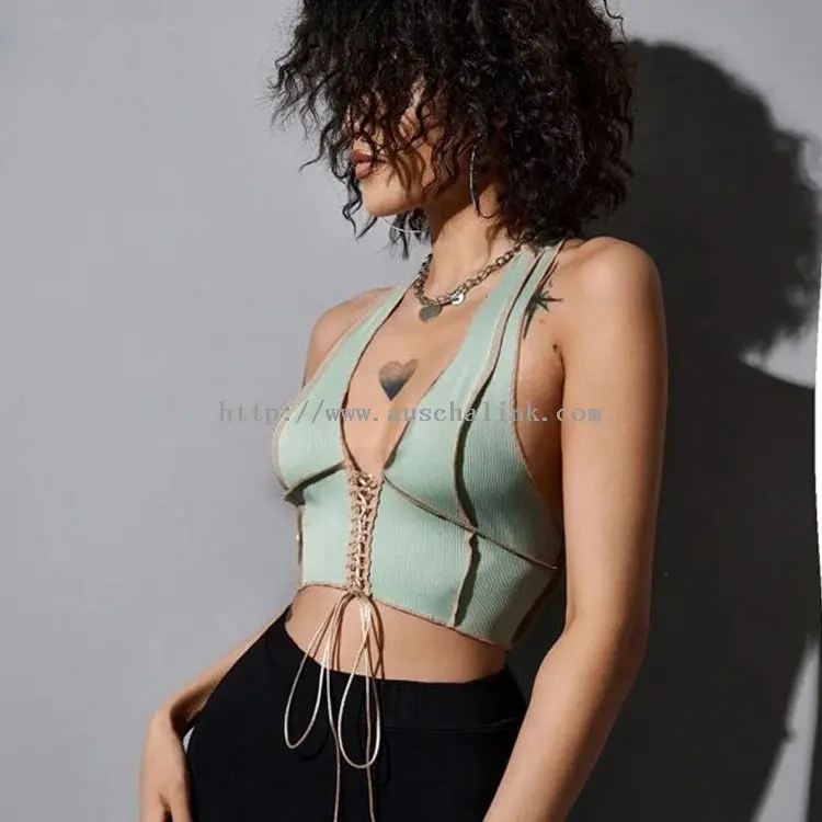 Khaki Knit Cut-Out Sexy V-Neck Plunging Top (2)