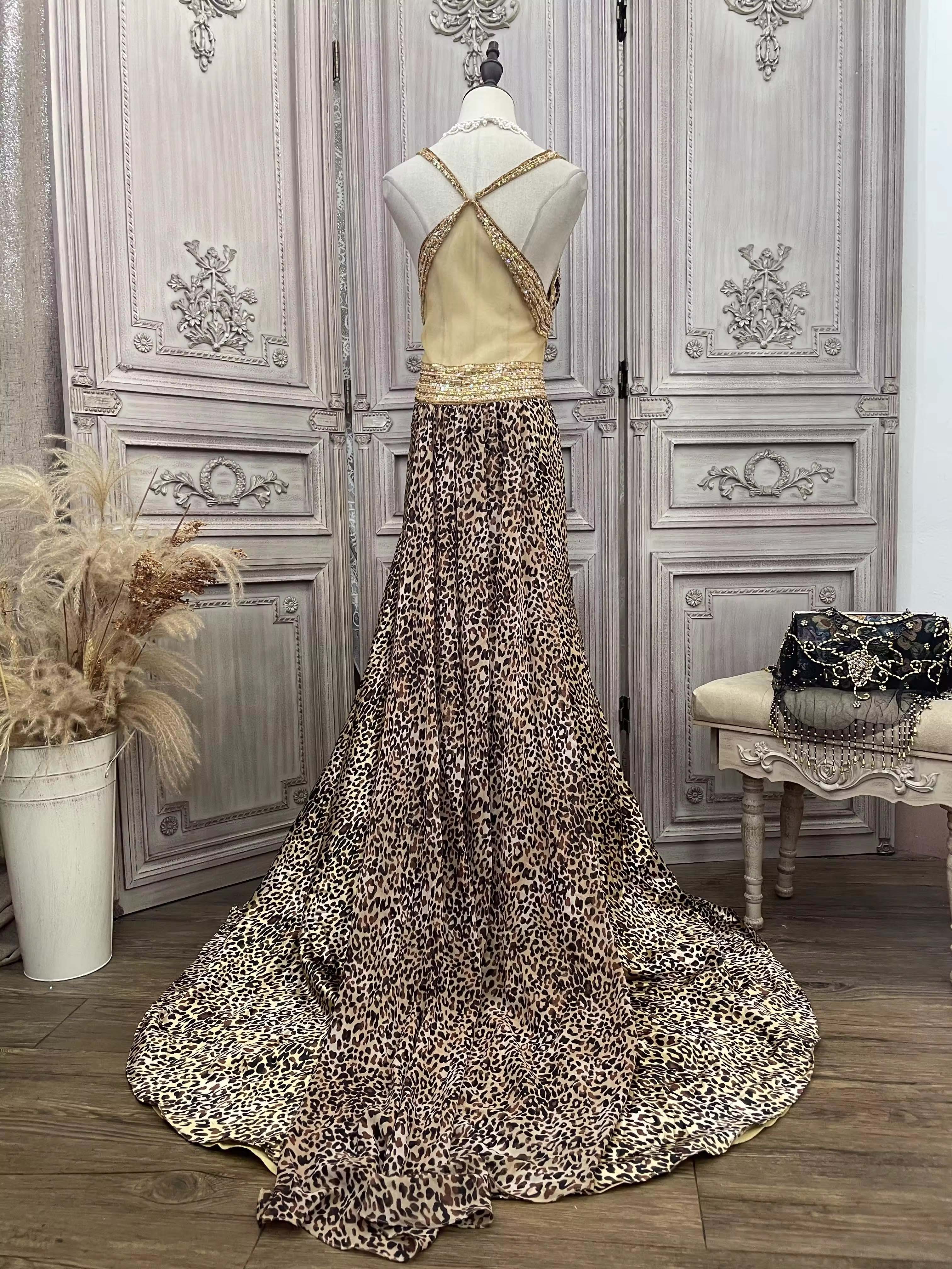 Leopard Print Sexy Evening Gown Dress Elegant អ្នកផ្គត់ផ្គង់