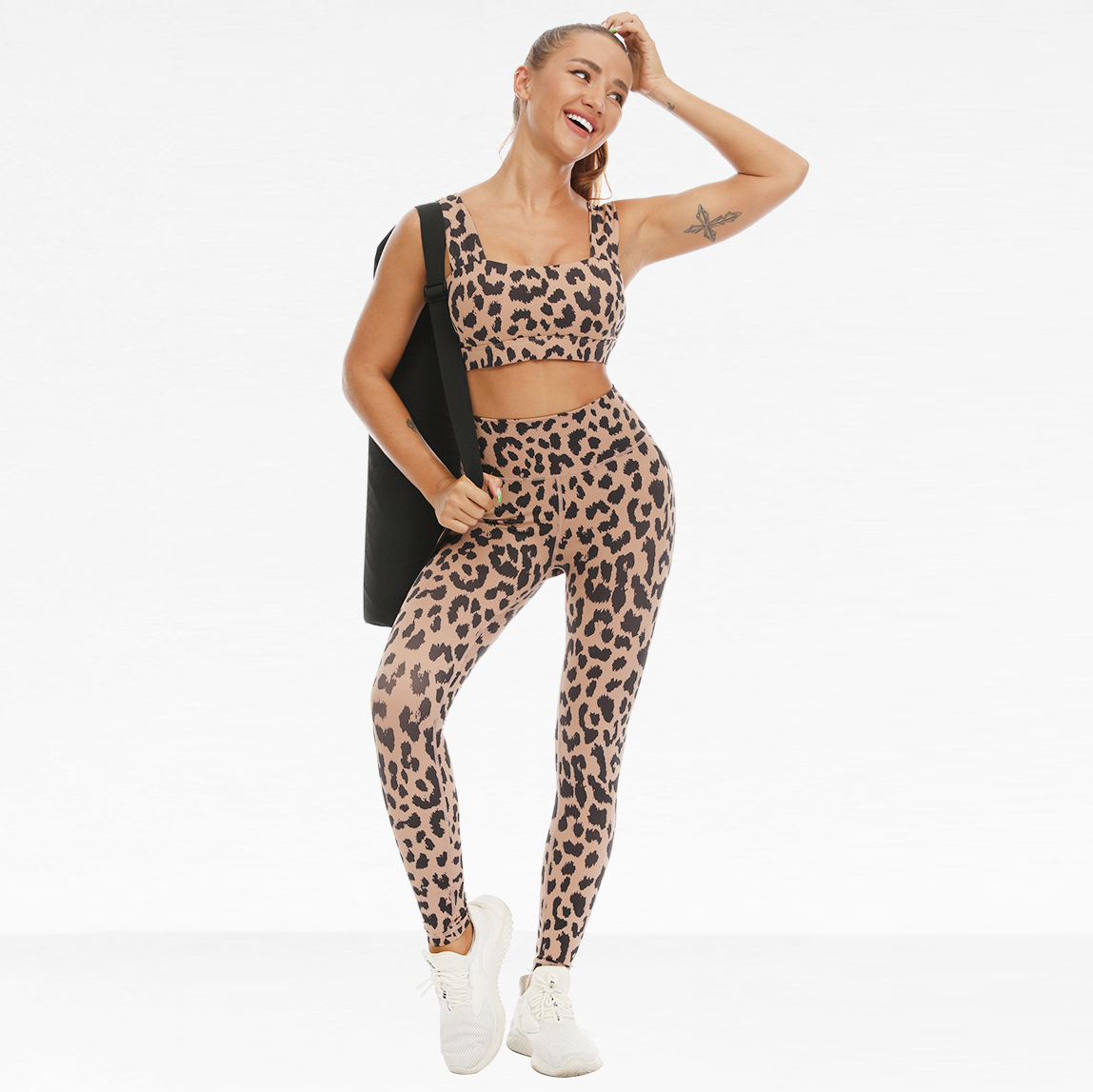 Leopard print yoga huvaa leggings za kunyoosha za michezo vipande viwili (7)