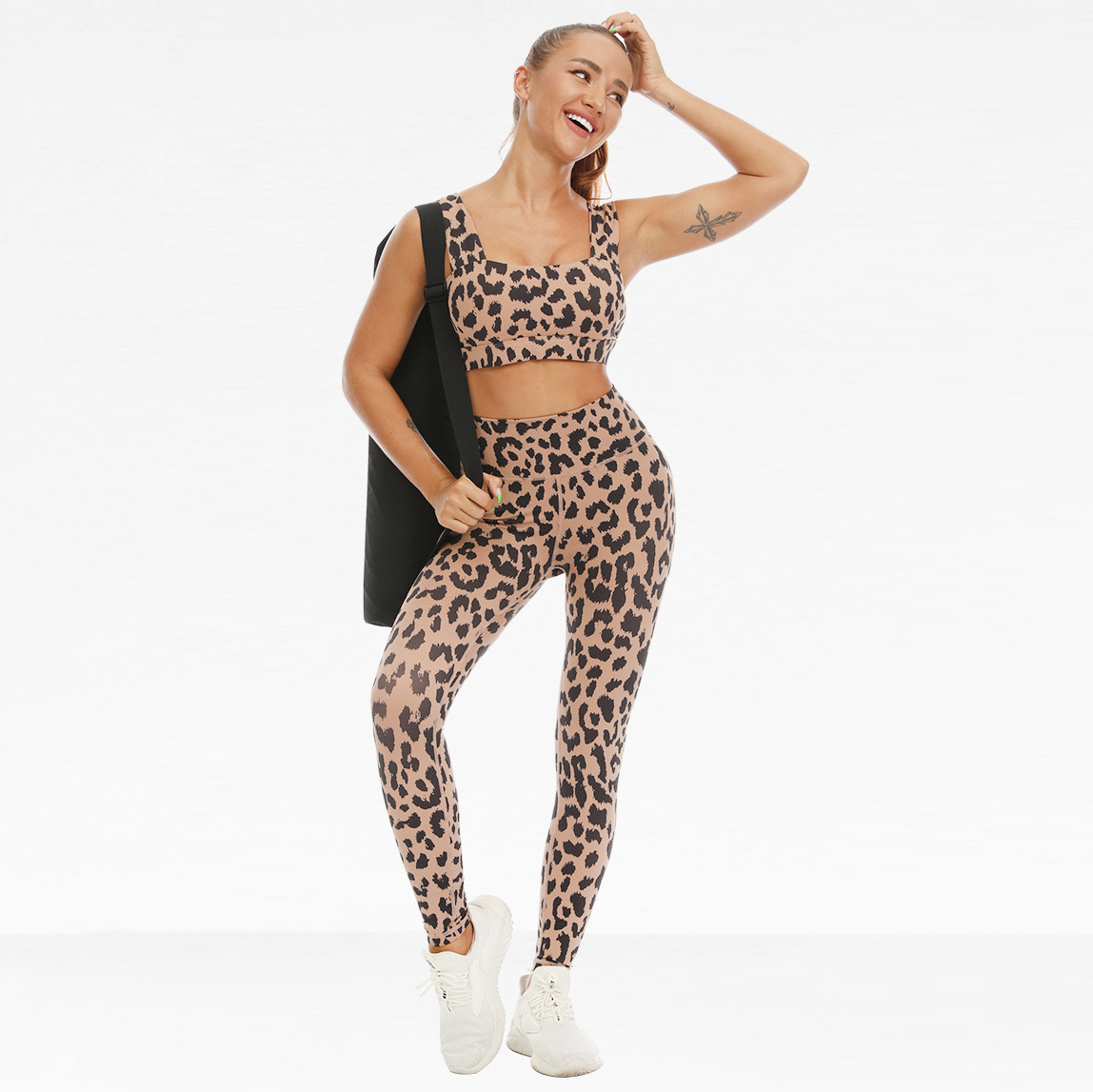 Amotekun titẹ yoga wọ awọn ere idaraya na leggings ege meji (7)