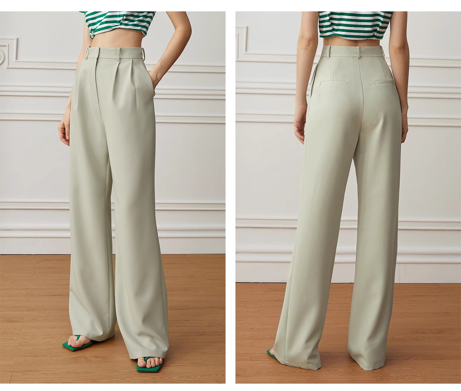 Distribuidores de pantalones anchos de cintura alta verde claro (1)