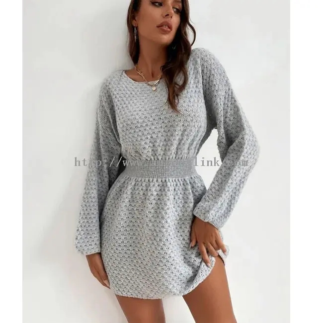 Long Sleeve Knitted Sweater Casual Dress Gre (1)
