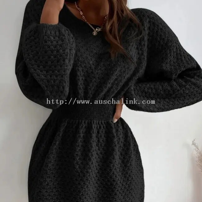 Long Sleeve Knitted Sweater Casual Dress Gre (2)