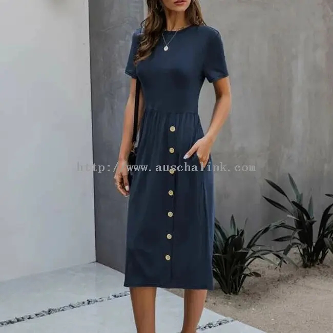 Military Green Pocket Button Casual Short Sleeve Midi Dress (3)