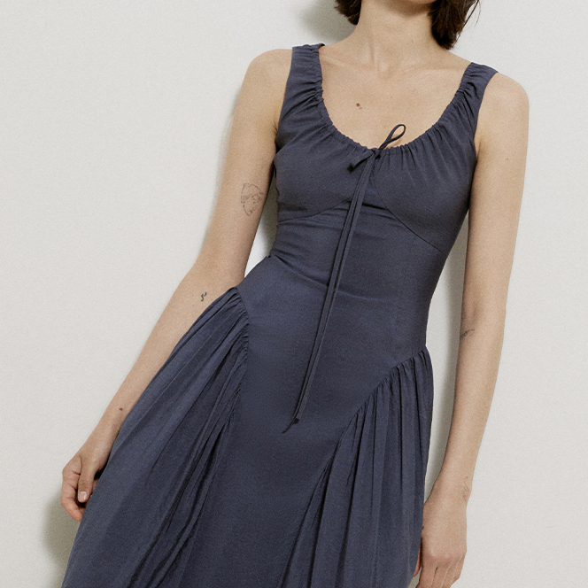 Misty Blue Vintage Lace-Up Elegant Design Long Dress (1)