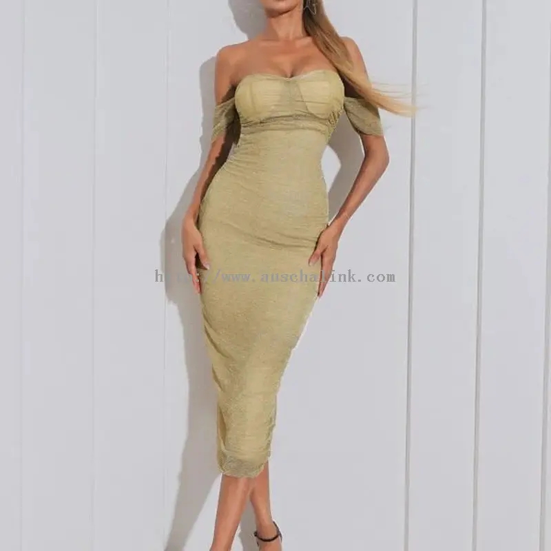 मस्टर्ड येलो स्ट्र्यापलेस टाइट सेक्सी रफल मिडी ड्रेस (1)