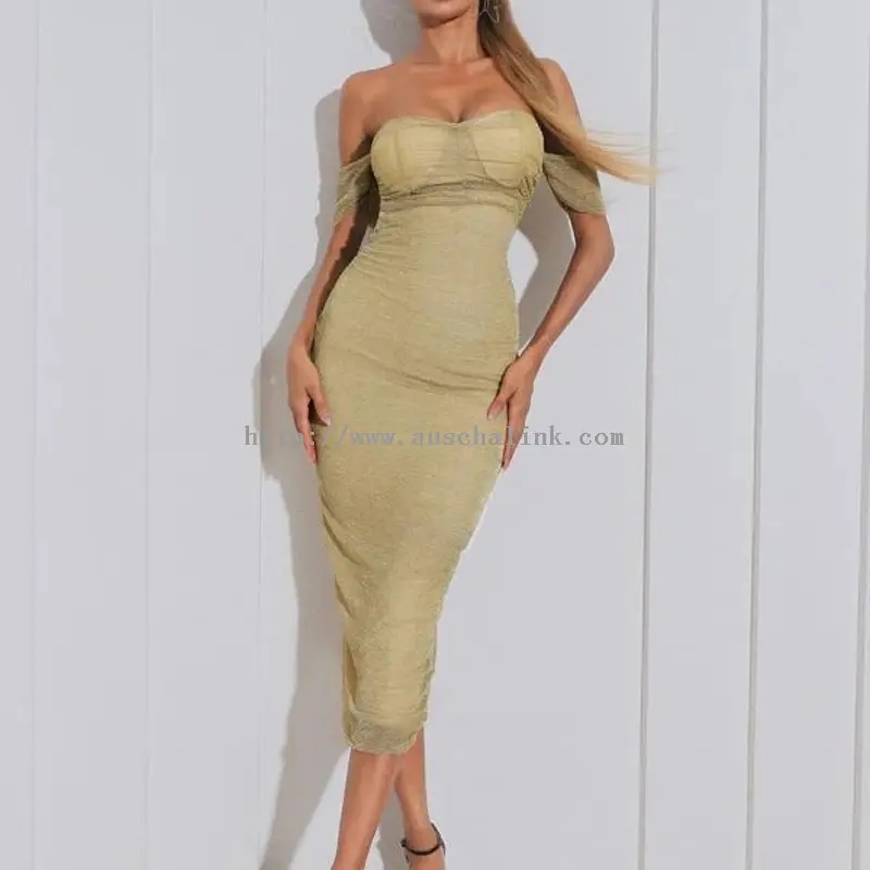 Mustard Yellow Strapless Tight Sexy Ruffled Midi Dress (1)