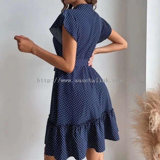 Marineblauwe jurk met stippenprint en ruches aan de taille (1)