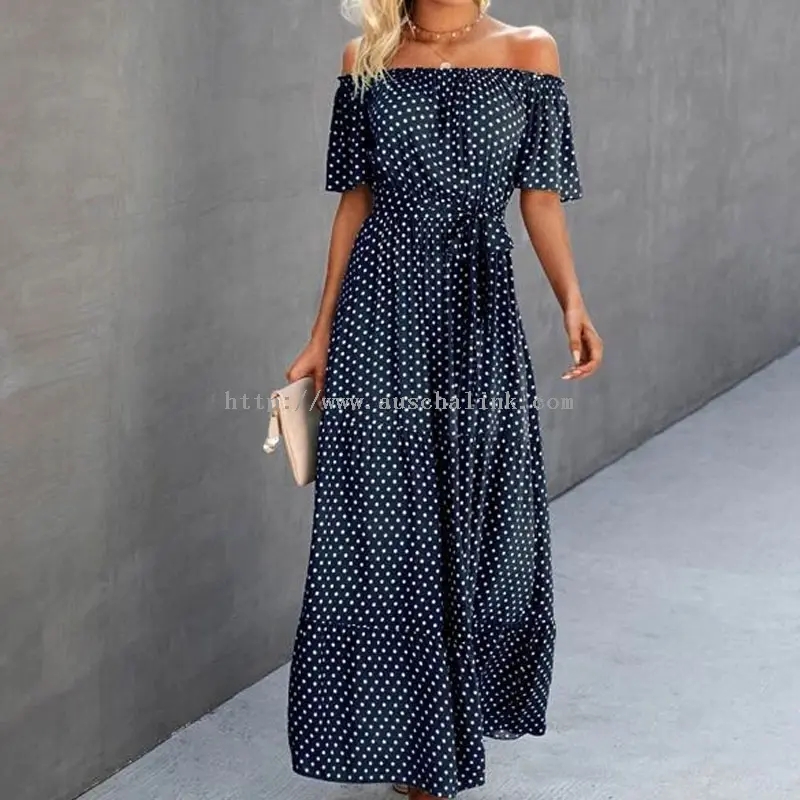 Navy Blue Strapless Chiffon Polka Dot Maxi Dress (2)