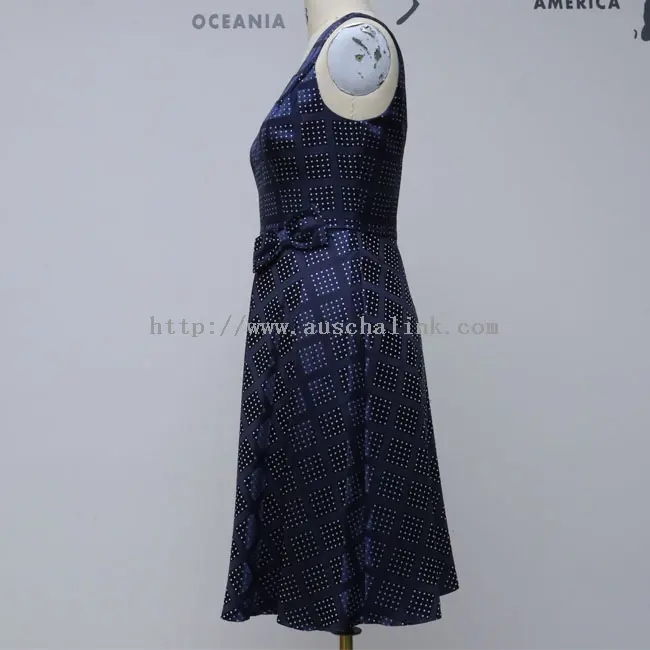 Vestido elegante com estampa xadrez de bolinhas azul marinho (2)