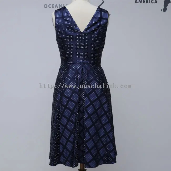 Vestido elegante com estampa xadrez de bolinhas azul marinho (3)